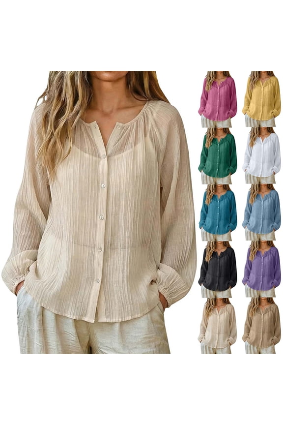 Women's UPF 50+ Sun Protection Shirts Crinkled Sheer Long Sleeve Button Down Tops Casual Beach Cover Up Blouses