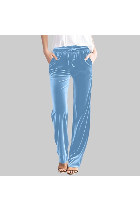 Women's Velour Straight Leg Pants Elastic Drawstring Waist Casual High Waist Trousers with Pockets