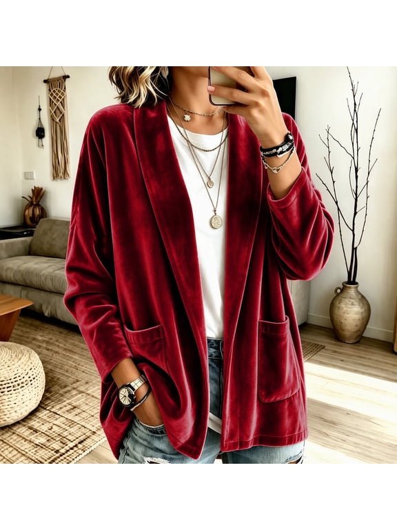 Women's Velvet Cardigan Jackets Open Front Long Sleeve Shawl Collar Loose Jacket with Pockets Fall Casual Outwear,S