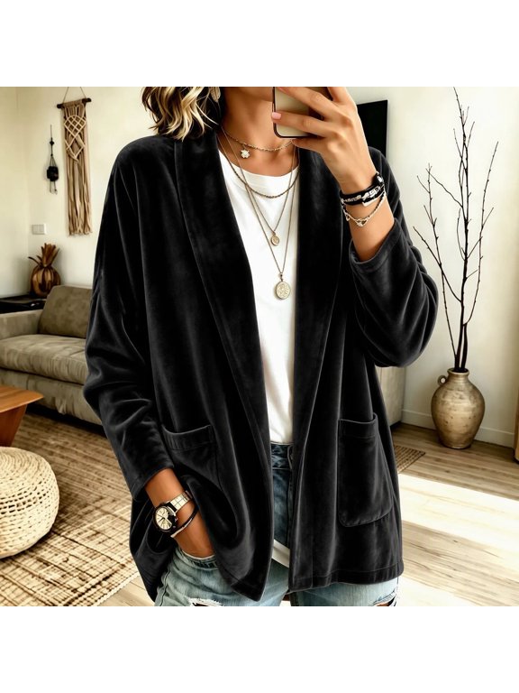 Women's Velvet Cardigan Jackets Open Front Long Sleeve Shawl Collar Loose Jacket with Pockets Fall Casual Outwear,XL