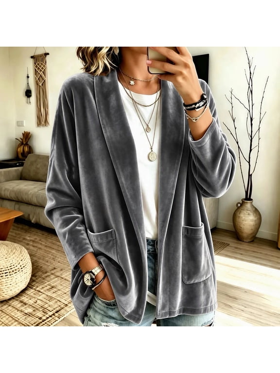 Women's Velvet Cardigan Jackets Open Front Long Sleeve Shawl Collar Loose Jacket with Pockets Fall Casual Outwear,XXL