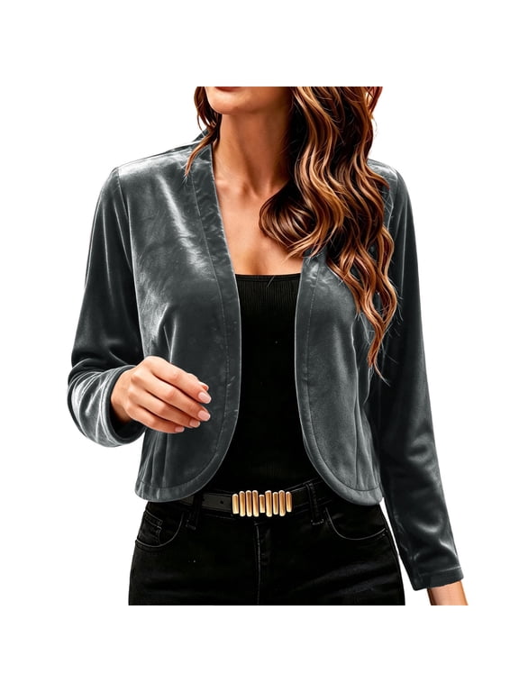 Women's Velvet Cropped Bolero Shrug Jacket Long Sleeve Open Front Short Cardigan Elegant Dress Cover‑Up for Evening Party