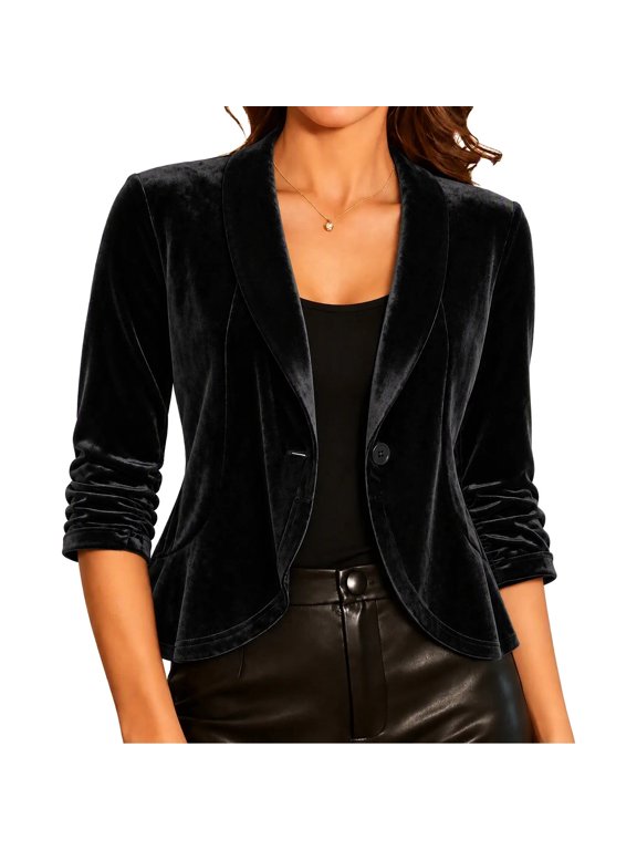 Women's Velvet Jackets Long Sleeve Shawl Collar Button Front Fitted Casual Cardigan Jacket with Peplum Hem,M
