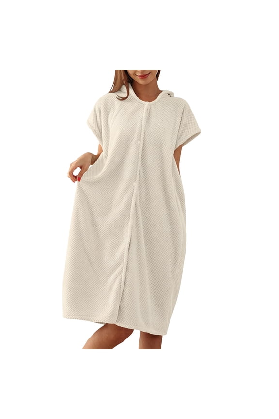 Women's Waffle Hooded Bath Robe Short Sleeve Button Front Quick Dry Absorbent Soft Loungewear for Home Spa Shower,Beige,Free Size