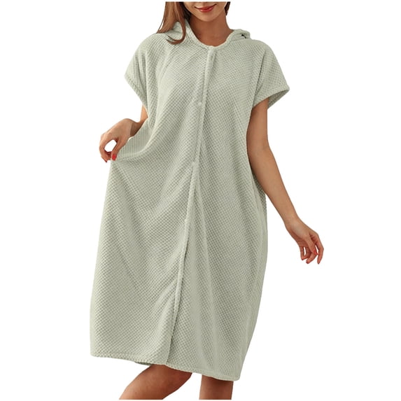 WAGUTH Women's Waffle Hooded Bath Robe Short Sleeve Button Front Quick Dry Absorbent Soft Loungewear for Home Spa Shower,Green,Free Size