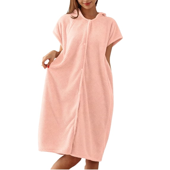 WAGUTH Women's Waffle Hooded Bath Robe Short Sleeve Button Front Quick Dry Absorbent Soft Loungewear for Home Spa Shower,Pink,Free Size