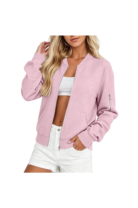 Women's Waffle Knit Bomber Jackets Full Zip Long Sleeve Coat with Side Pockets & Arm Zipper Pocket for Spring Fall Casual Daily Outfits,Pink,S
