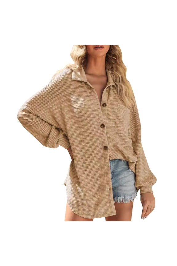 Women's Waffle Knit Button Down Shacket Lapel Collar Long Sleeve Oversized Casual Shirts with Chest Pocke for Spring Fall Daily Layering,Khaki,L