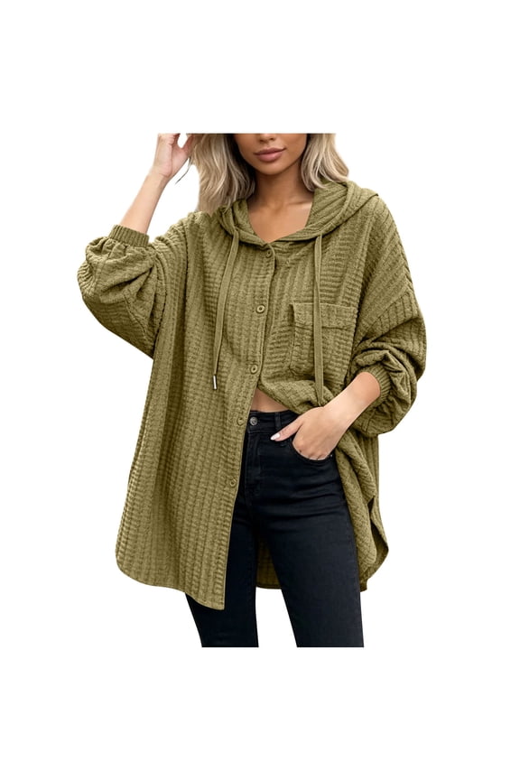 Women's Waffle Knit Hooded Shacket Button Down Long Sleeve Drawstring Jacket with Pocket Casual Loose Outerwear,Yellow,M