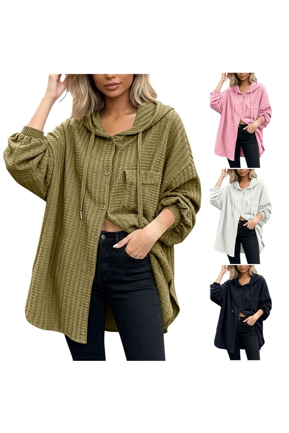 Women's Waffle Knit Hooded Shacket Button Down Long Sleeve Drawstring Jacket with Pocket Casual Loose Outerwear,Yellow,S
