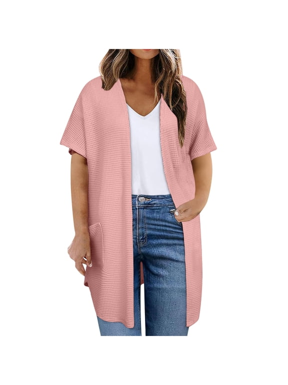 Women's Waffle Knit Long Open Front Cardigan Short Sleeve Loose Fit Casual Duster Jackets with Pockets for Beach Vacation Summer Spring,XXL