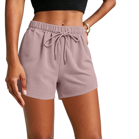 WAGUTH Women's Waffle Knit Shorts Elastic High Waist Drawstring Wide Leg Shorts Casual Summer Soft Lightweight Sweat Shorts with Pockets,Pink,L