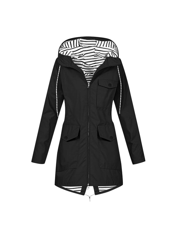 Women's Waterproof Hooded Rain Trench Coats Full Zip Striped Lined Windproof Jacket with Multi Cargo Pockets for Outdoor Daily Outfits,S