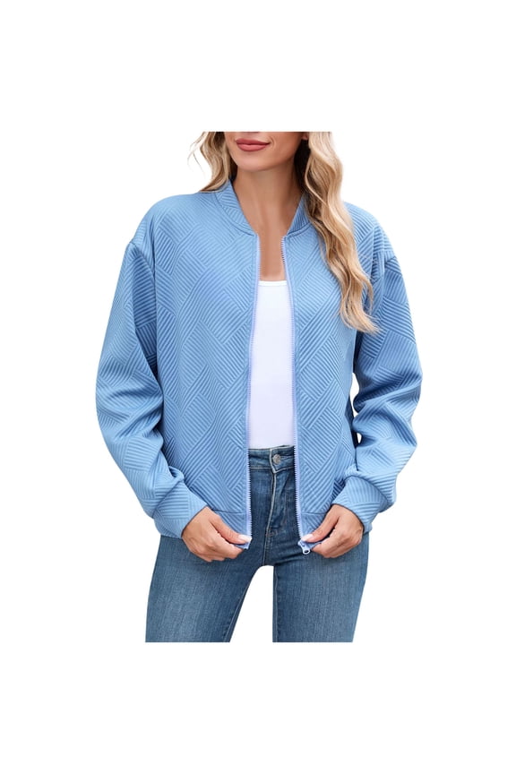 Women's Zip Up Bomber Jackets Ribbed Stand Collar Casual Textured Coat with Side Pockets for Spring Fall Daily Street Outfits,Blue,S
