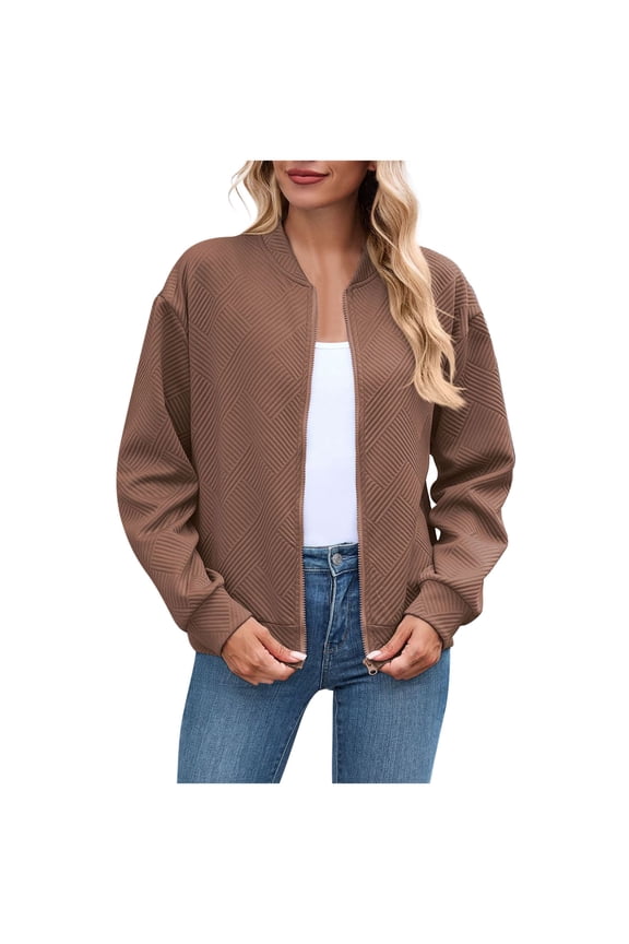 Women's Zip Up Bomber Jackets Ribbed Stand Collar Casual Textured Coat with Side Pockets for Spring Fall Daily Street Outfits,Khaki,XXL