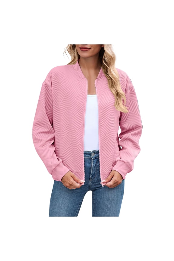 Women's Zip Up Bomber Jackets Ribbed Stand Collar Casual Textured Coat with Side Pockets for Spring Fall Daily Street Outfits,Pink,S
