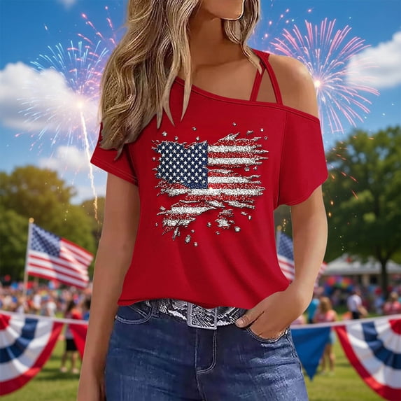 WAGUTH Womens 4th of July Print T-Shirts Off The Shoulder Patriotic Short Sleeve Tops Casual Basic Tees