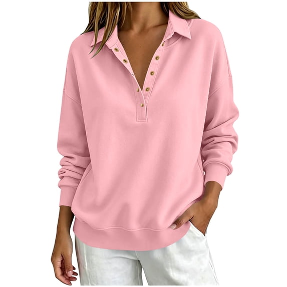 WAGUTH Womens Collared Henley Sweatshirt Long Sleeve Half Snap Button Pullover Loose Solid Color Casual Tops with Side Pockets