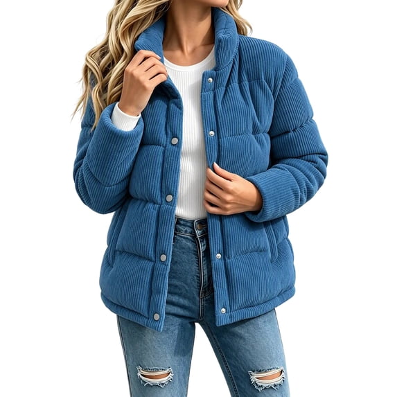WAGUTH Womens Corduroy Puffer Coat Stand Collar Snap Button Short Quilted Winter Cotton Padded Jacket with Side Pockets for Cold Weather