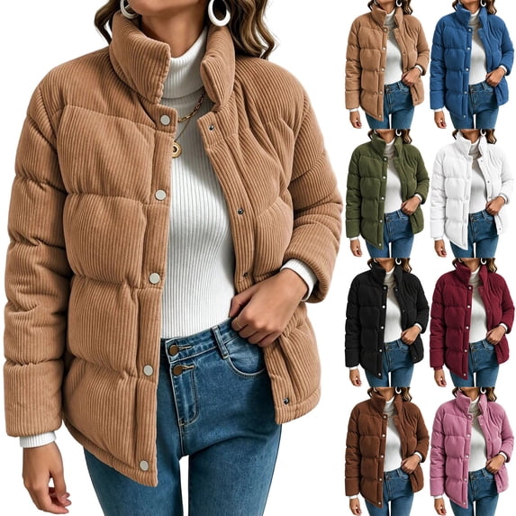 WAGUTH Womens Corduroy Puffer Coat Stand Collar Snap Button Short Quilted Winter Cotton Padded Jacket with Side Pockets for Cold Weather