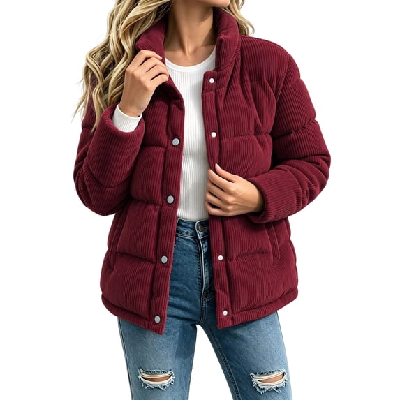 WAGUTH Womens Corduroy Puffer Coat Stand Collar Snap Button Short Quilted Winter Cotton Padded Jacket with Side Pockets for Cold Weather