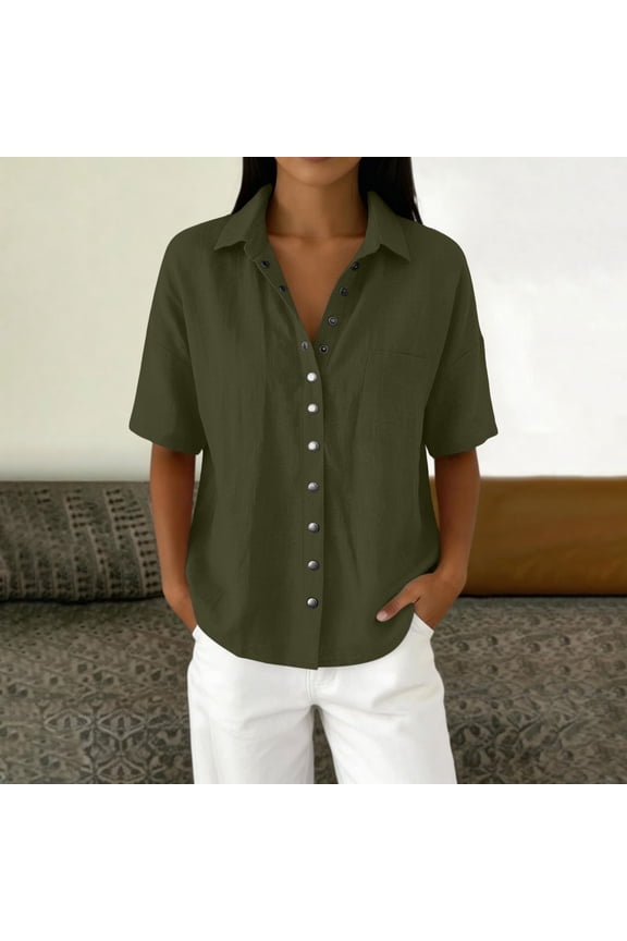 Womens Cotton Linen Snap Botton Front Shirts Collared Short Sleeve Tops Casual Summer Tunic Blouses with Chest Pocket
