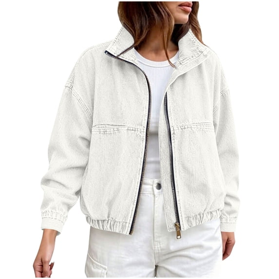 WAGUTH Womens Cropped Denim Bomber Jackets Zip Up Stand Collar Long Sleeve Loose Jean Jacket with Pockets for Streetwear