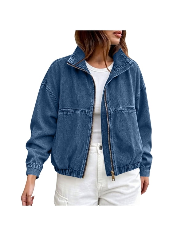 Womens Cropped Denim Bomber Jackets Zip Up Stand Collar Long Sleeve Loose Jean Jacket with Pockets for Streetwear