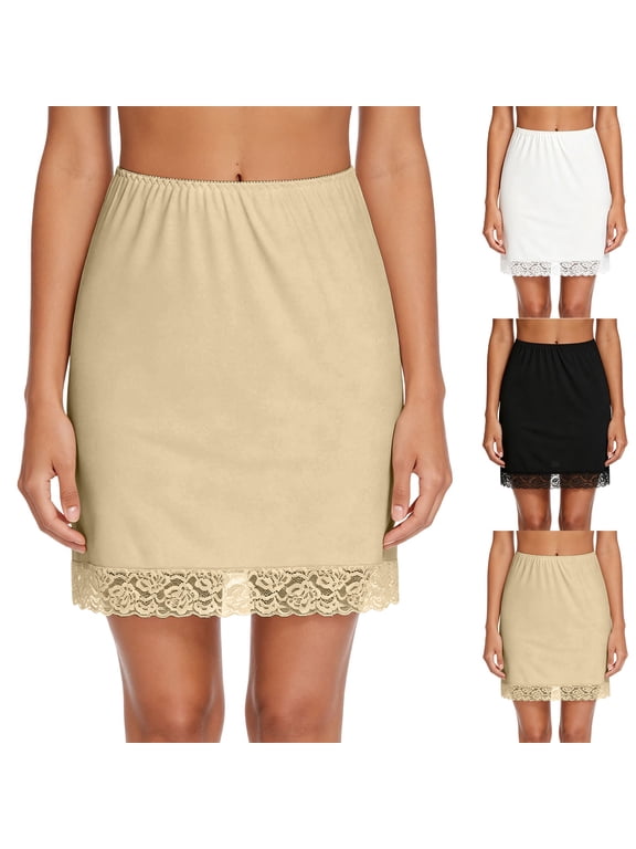 Womens Half Slip Underskirt Short Mini Skirt with Floral Lace Hem Elastic Waist Loungewear Underdress