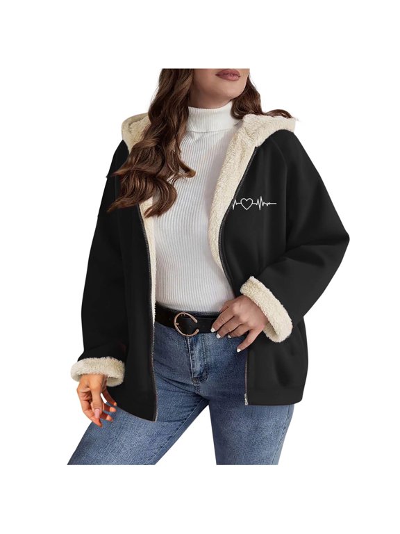 Womens Heart Print Sherpa Lined Zip Up Hooded Jackets Drawstring Long Sleeve Warm Fleece Coat with Pockets for Winter