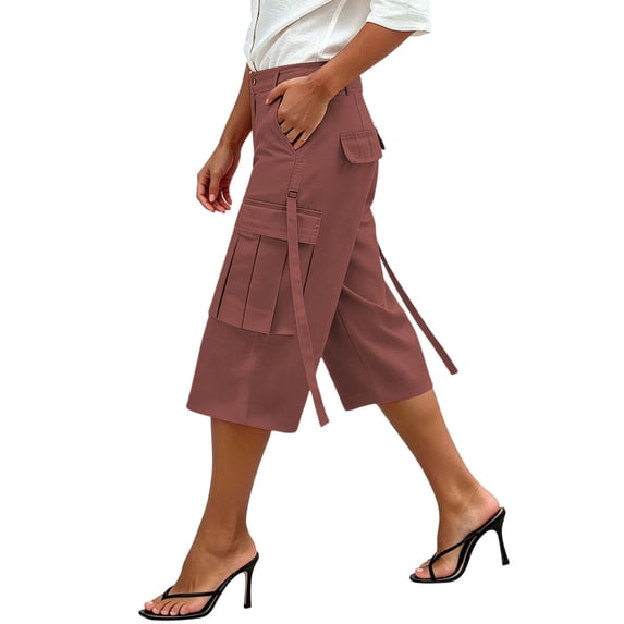 WAGUTH Womens High Waist Cargo Capri Pants Multi Strap Flap Pocket Loose Utility Cropped Pants for Street Daily Wear