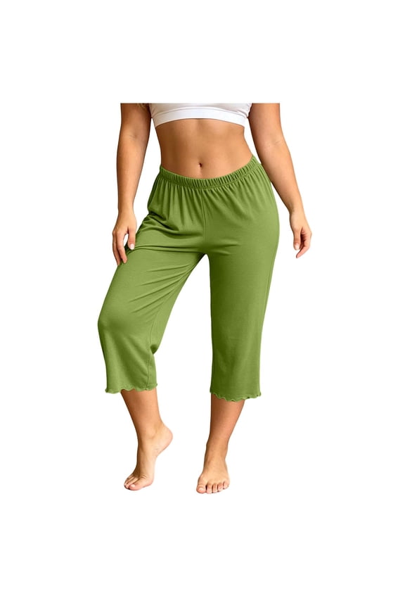 Womens Modal Capri Pajama Pants Elastic High Waist Wavy Ruffle Hem Wide Leg Cropped Sleep Bottoms Soft Breathable Lounge Pants