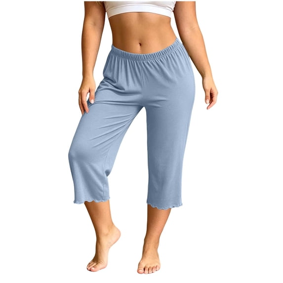 WAGUTH Womens Modal Capri Pajama Pants Elastic High Waist Wavy Ruffle Hem Wide Leg Cropped Sleep Bottoms Soft Breathable Lounge Pants