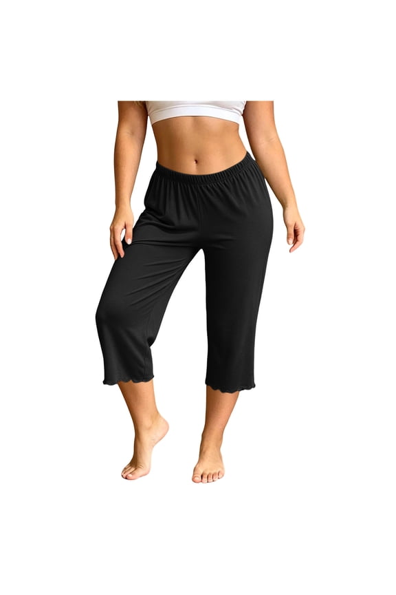Womens Modal Capri Pajama Pants Elastic High Waist Wavy Ruffle Hem Wide Leg Cropped Sleep Bottoms Soft Breathable Lounge Pants