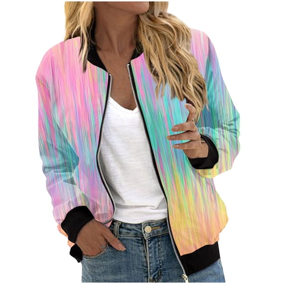 WAGUTH Womens Multi-Pattern Print Zip Up Bomber Jackets Long Sleeve Casual Lightweight Jacket with Rib Trim for Spring Fall Wear