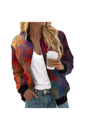 Womens Multi-Pattern Print Zip Up Bomber Jackets Long Sleeve Casual Lightweight Jacket with Rib Trim for Spring Fall Wear