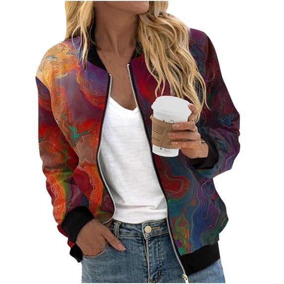 WAGUTH Womens Multi-Pattern Print Zip Up Bomber Jackets Long Sleeve Casual Lightweight Jacket with Rib Trim for Spring Fall Wear