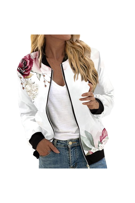 Womens Multi-Pattern Print Zip Up Bomber Jackets Long Sleeve Casual Lightweight Jacket with Rib Trim for Spring Fall Wear
