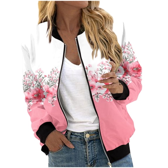 WAGUTH Womens Multi-Pattern Print Zip Up Bomber Jackets Long Sleeve Casual Lightweight Jacket with Rib Trim for Spring Fall Wear