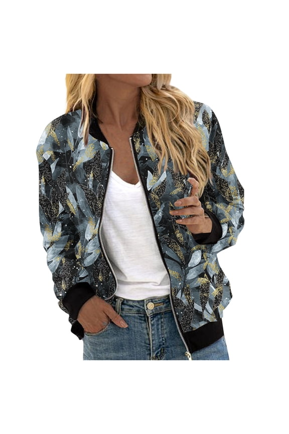 Womens Multi-Pattern Print Zip Up Bomber Jackets Long Sleeve Casual Lightweight Jacket with Rib Trim for Spring Fall Wear