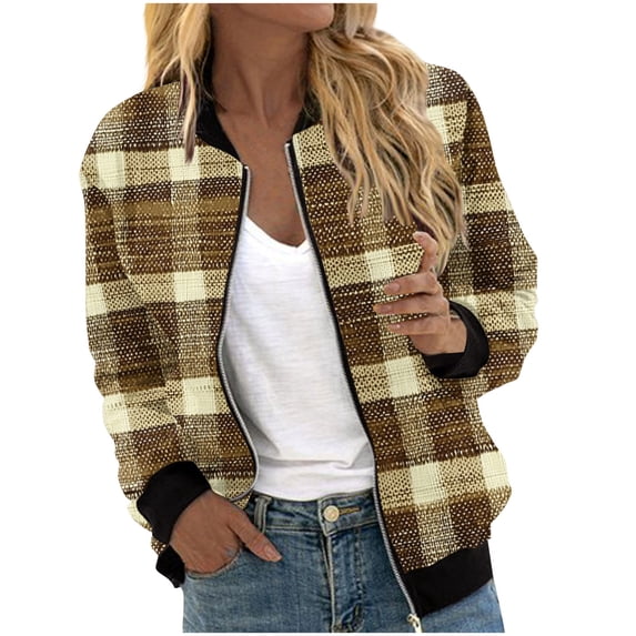 WAGUTH Womens Print Zip Up Bomber Jackets Plaid & Striped Pattern Long Sleeve Soft Lightweight Casual Jacket with Rib Trim