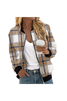 Womens Print Zip Up Bomber Jackets Plaid & Striped Pattern Long Sleeve Soft Lightweight Casual Jacket with Rib Trim