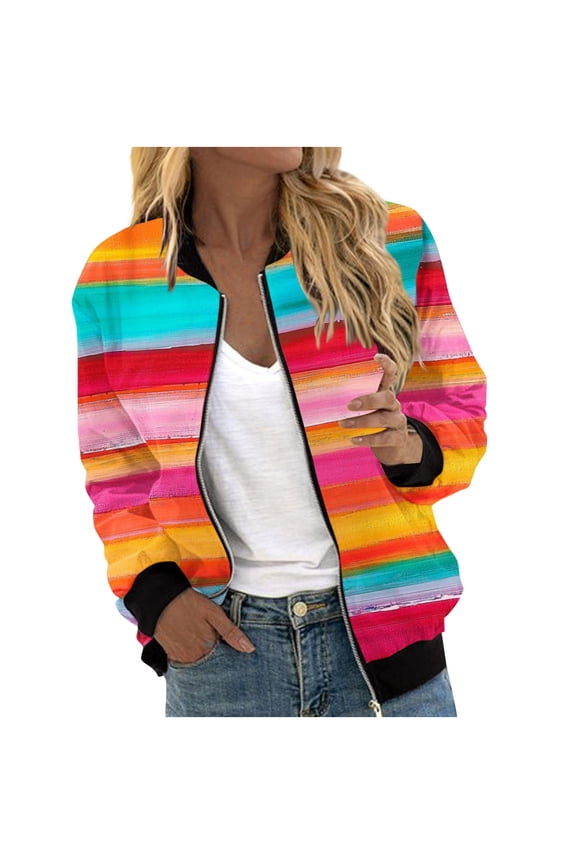 Womens Print Zip Up Bomber Jackets Plaid & Striped Pattern Long Sleeve Soft Lightweight Casual Jacket with Rib Trim