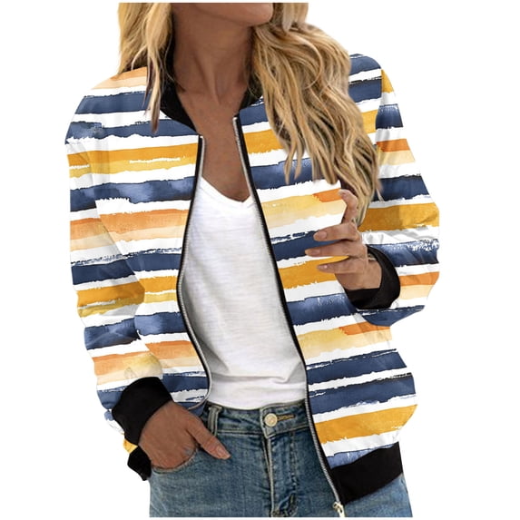 WAGUTH Womens Print Zip Up Bomber Jackets Plaid & Striped Pattern Long Sleeve Soft Lightweight Casual Jacket with Rib Trim