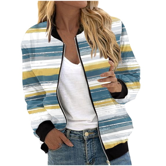 WAGUTH Womens Print Zip Up Bomber Jackets Plaid & Striped Pattern Long Sleeve Soft Lightweight Casual Jacket with Rib Trim