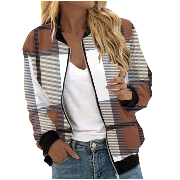 WAGUTH Womens Print Zip Up Bomber Jackets Plaid & Striped Pattern Long Sleeve Soft Lightweight Casual Jacket with Rib Trim