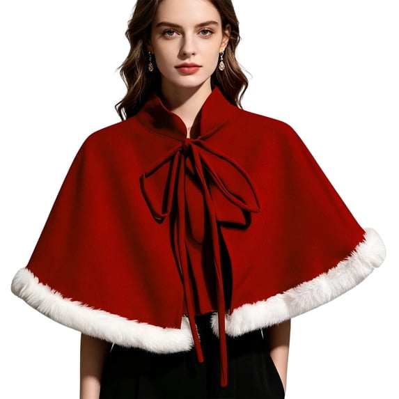 WAGUTH Womens Red and Wine Christmas Cape Shawl with White Faux Fur Trim Stand Collar Big Bow Tie Front Short Cloak