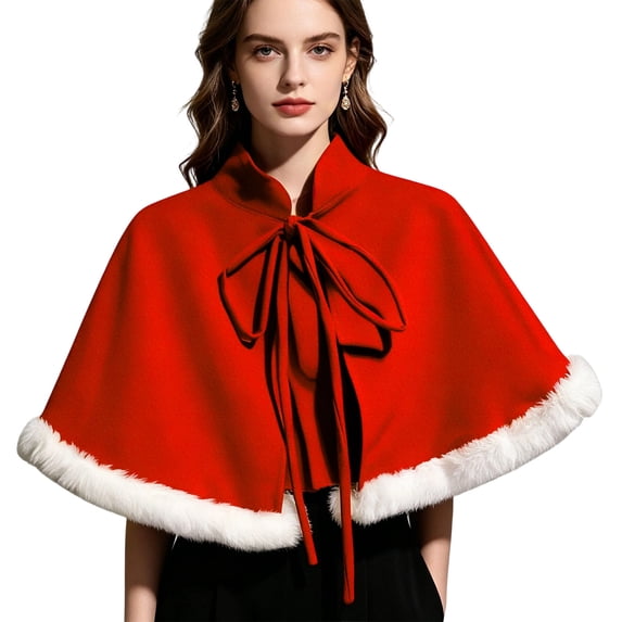 WAGUTH Womens Red and Wine Christmas Cape Shawl with White Faux Fur Trim Stand Collar Big Bow Tie Front Short Cloak