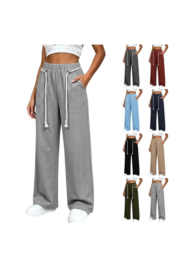Womens Soft Sweat Wide Leg Pants Elastic High Waist Drawstring Loose Palazzo Jogger Trousers with Pockets Street Loungewear