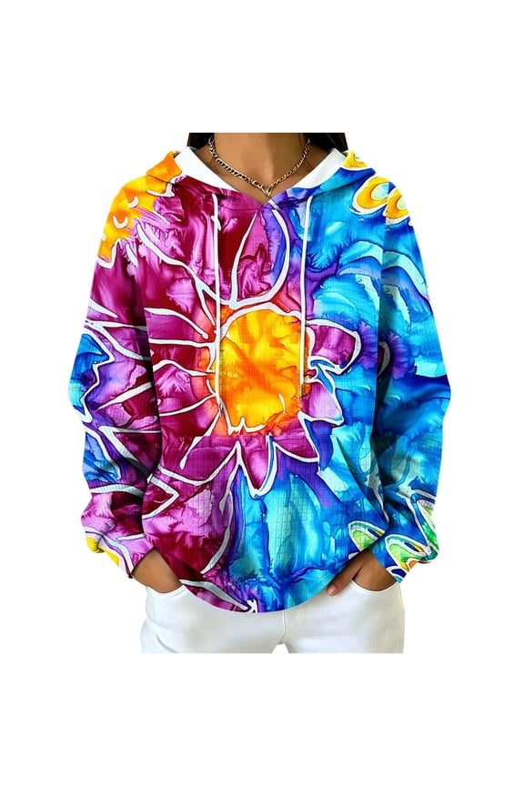 Womens Tie Dye Print Drawstring Hoodie Jackets Long Sleeve Casual Hooded Coat with Pockets for Winter Daily Wear